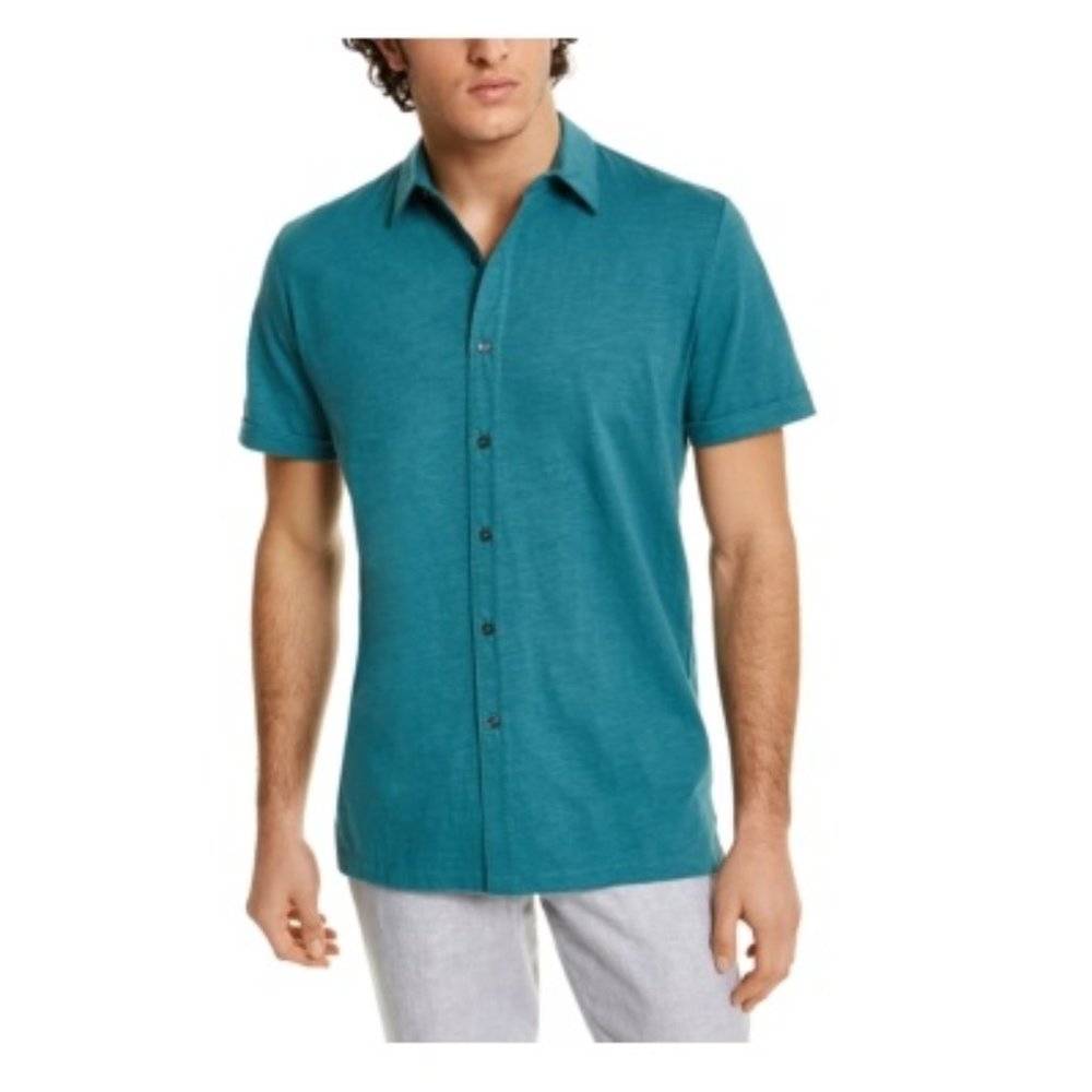 NWT Tasso Elba Men's Textured Shirt Size Large Teal Green $50 Short Sleeve 5E023